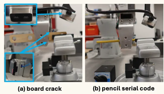 Two photographs of the MELFA ASSISTA workspace: locating a crack in a board, and reading a pencil's serial code, with the GelSight sensors called out.