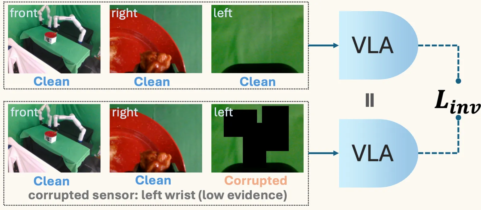 A clean three-camera observation and a copy with the left wrist view blacked out are passed through the same VLA; the two action outputs are compared to form the invariance loss.
