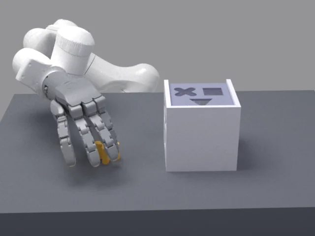 Shape insertion: the robot aligns a cross-shaped part with a matching hole